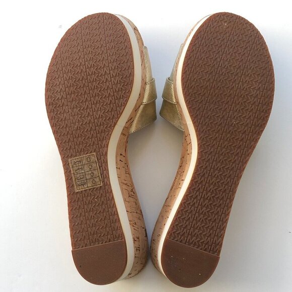 Michael Kors MK Warren Leather Platform Cork Slide Sandals Gold Logo Plate 10M - Picture 11 of 16